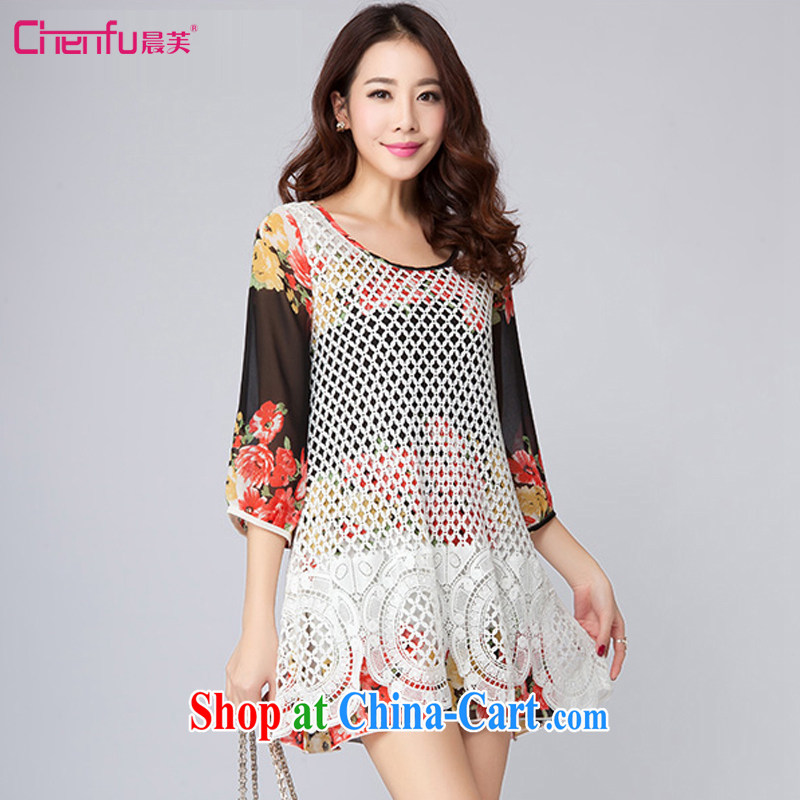 Morning would be 2015 spring new Korean version is indeed the XL women mm thick stylish graphics thin Openwork lace knocked color stitching 7 cuff-suit 4 XL _recommendation 150 - 165 jack_