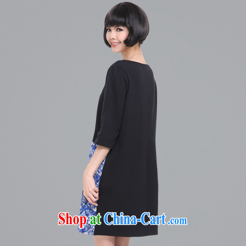 Morning would be 2015 King, female thick mm retro stamp skirt spring new European and American fashion round collar hit color tile blue, long-sleeved black 5 XL (180 - 200 ) jack, morning, and shopping on the Internet