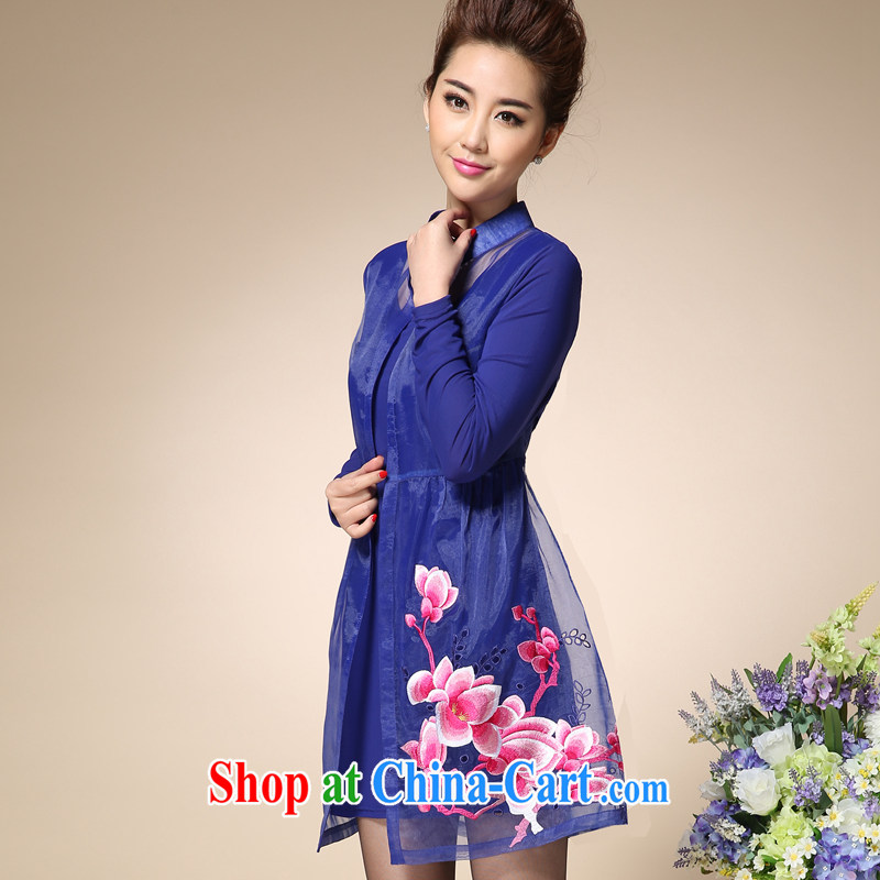 Let the Flower Spring 2015 new products, female fat sister graphics thin spring embroidered long-sleeved thick people dress s 8005 color blue L, let the flower (MULGERDO), shopping on the Internet