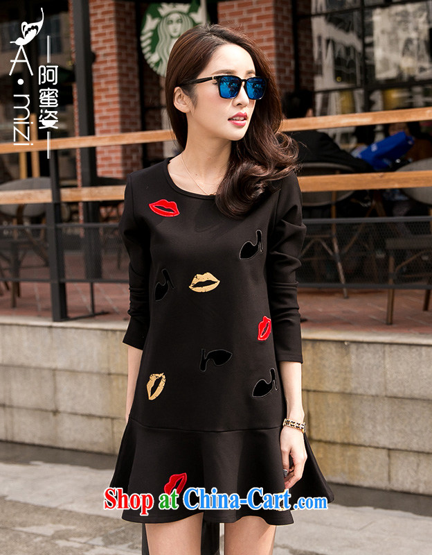 The honey beauty mm thick larger female Korean round-collar long-sleeved video thin flouncing skirt long-sleeved dresses skirts women 9235 black XXXXL recommendations 180 200