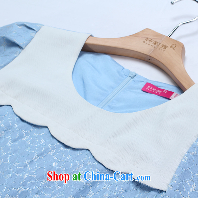 Slim Li-su 2015 spring and summer new, larger female fresh sweet knocked color stitching 7 sub-cuff lace dresses Q 7051 blue 4 XL, slim Li-su, and shopping on the Internet