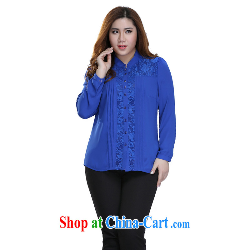 Slim Li-su 2015 spring and summer new, larger female decoration, graphics thin click the snap-up collar lace stitching the hem long-sleeved T-shirt Q 7055 color blue 3 XL, slim Li-su, and shopping on the Internet