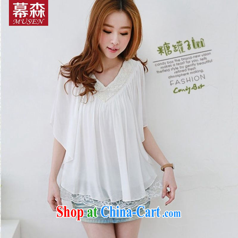 The sum 2015 summer female Korean leisure loose leave of two piece lace stitching V collar 100 hem cotton the bat sleeves solid ice woven shirts white are code