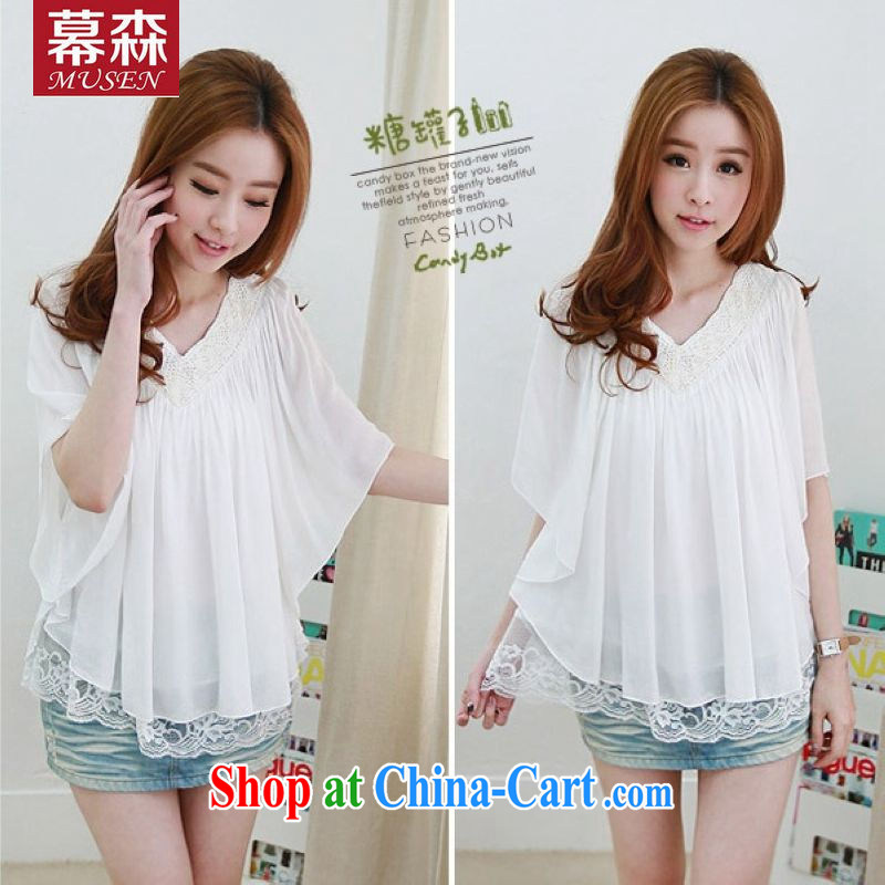 The sum 2015 summer female Korean leisure loose leave of two piece lace stitching V collar 100 hem cotton the bat sleeves solid ice woven shirts are white, the sum, and, shopping on the Internet