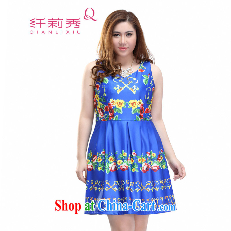 Slim LI Sau 2015 spring new larger female American retro stamp round-collar sleeveless vest skirt dresses Q 6703 blue 4 XL