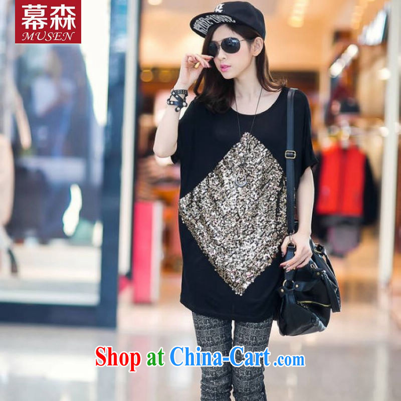 The sum 2015 summer Women's version of the greater code loose video thin, long, Pearl embroidery, short-sleeved shirt T bat shirt thick MM graphics thin 200 jack can be seen wearing black are code