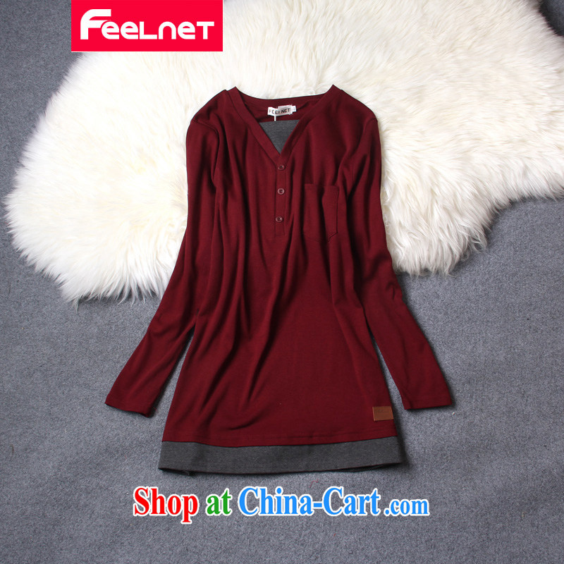 feelnet larger women 2015 spring video thin thick mm long-sleeved T-shirt for 100 Korean large code T pension 2224. Big Red code 6 XL