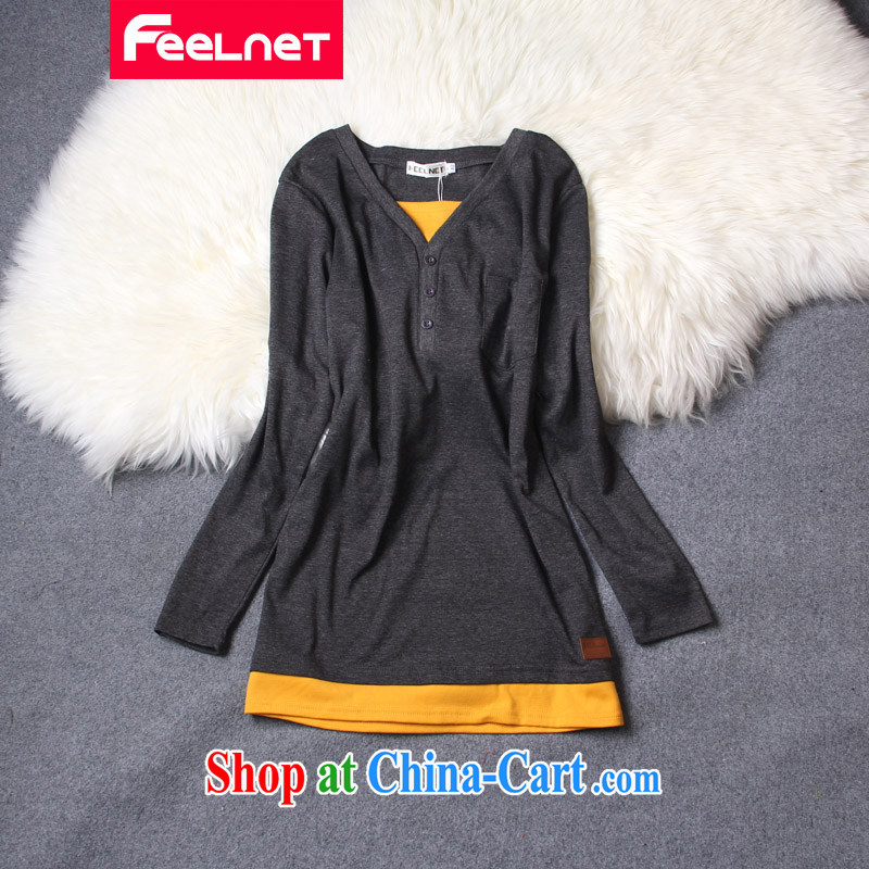 feelnet larger women 2015 spring video thin thick mm long-sleeved T-shirt for 100 Korean large code T pension 2224. Big Red code 6 XL, FeelNET, shopping on the Internet