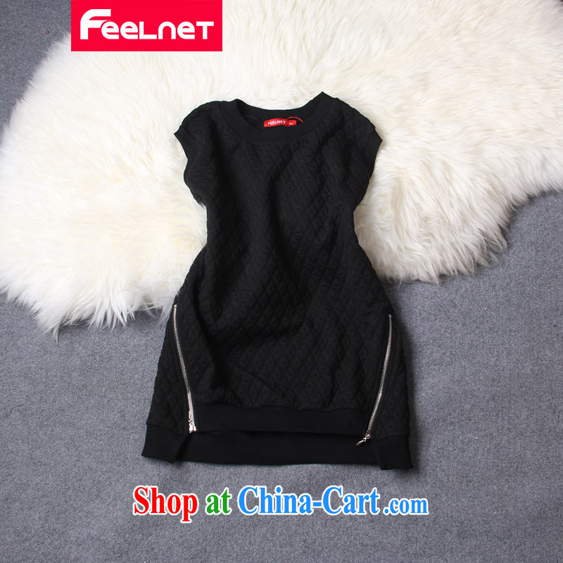feelnet larger female European and American video thin thick mm T-shirt, a Korean leisure 100 on board the code vest 2228. Black Large code 6 XL