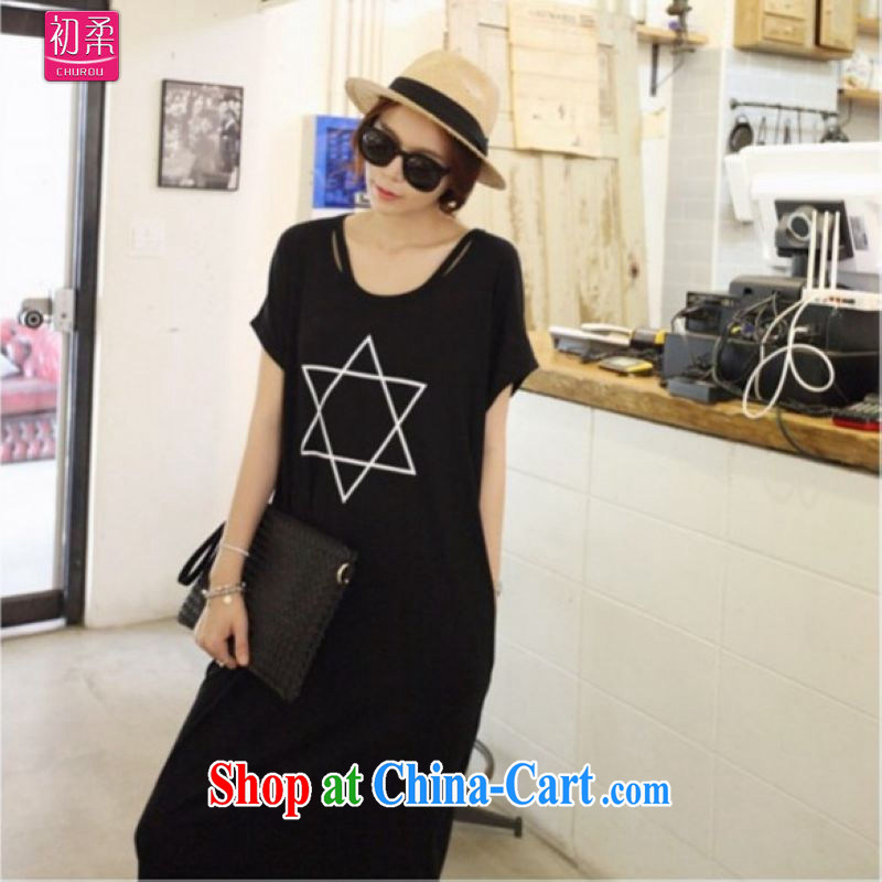 Flexible early 2015 spring and summer, female Korean version the code arts van 5 star stamp with loose, long, short-sleeved solid color dresses are black, and the first Sophie (CHUROU), online shopping