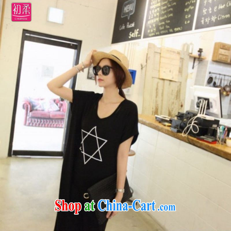 Flexible early 2015 spring and summer, female Korean version the code arts van 5 star stamp with loose, long, short-sleeved solid color dresses are black, and the first Sophie (CHUROU), online shopping