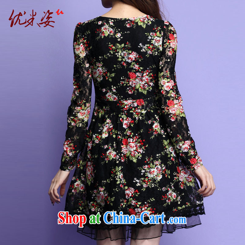 Optimize m Beauty goods to the payment the obesity mm lace dresses spring new V staples for Pearl floral long-sleeved ladies short skirts video thin large code beauty stamp Po blue XXXXL, optimize M (Umizi), online shopping
