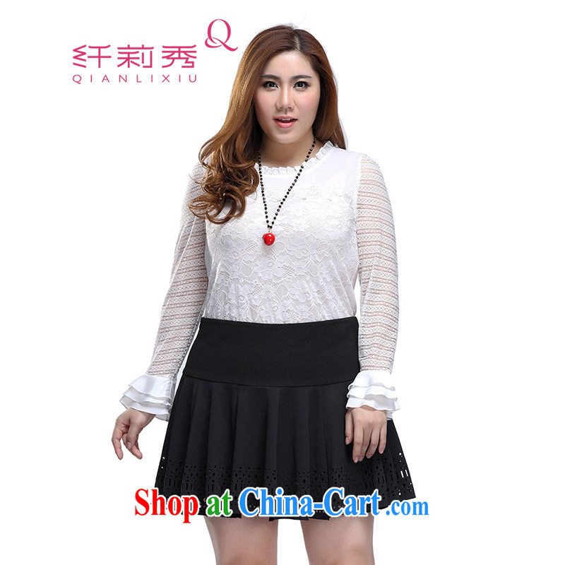 Slim LI Sau 2015 spring and summer new, larger ladies embroidery lace knocked the flouncing sleeves and sexy lace shirt Q 7951 white 4XL