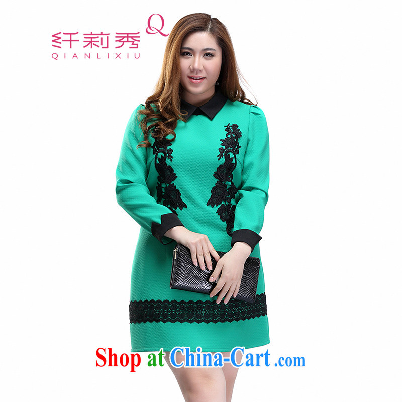 Slim LI Sau 2015 spring and summer with new, larger female H-style lapel retro lace OL long-sleeved dresses Q 7105 green 4 XL
