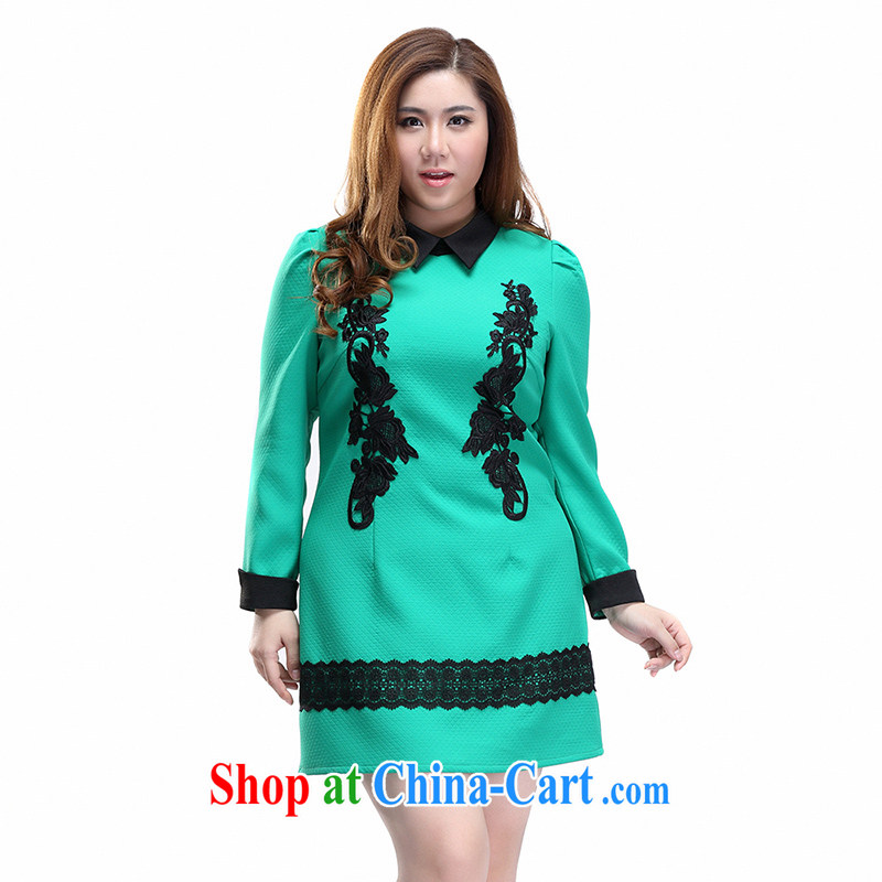 Slim Li-su 2015 spring and summer with new, larger female H-style lapel retro lace OL long-sleeved dresses Q 7105 green 4 XL, slim Li-su, and online shopping