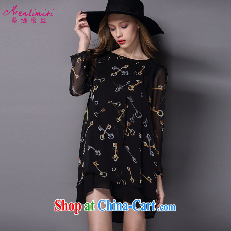 Mephidross economy honey, 2015 spring new and indeed increase, female retro stamp long-sleeved snow-woven dresses 2827 black large code 5 XL 200 Jack left and right