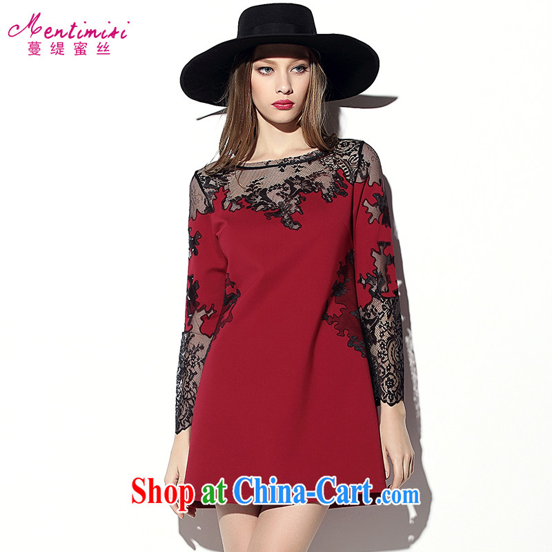 Mephidross economy honey, 2015 spring new and indeed XL female correct elegant Openwork lace stitching embroidery long-sleeved dresses cotton 2018 wine red code 5 XL