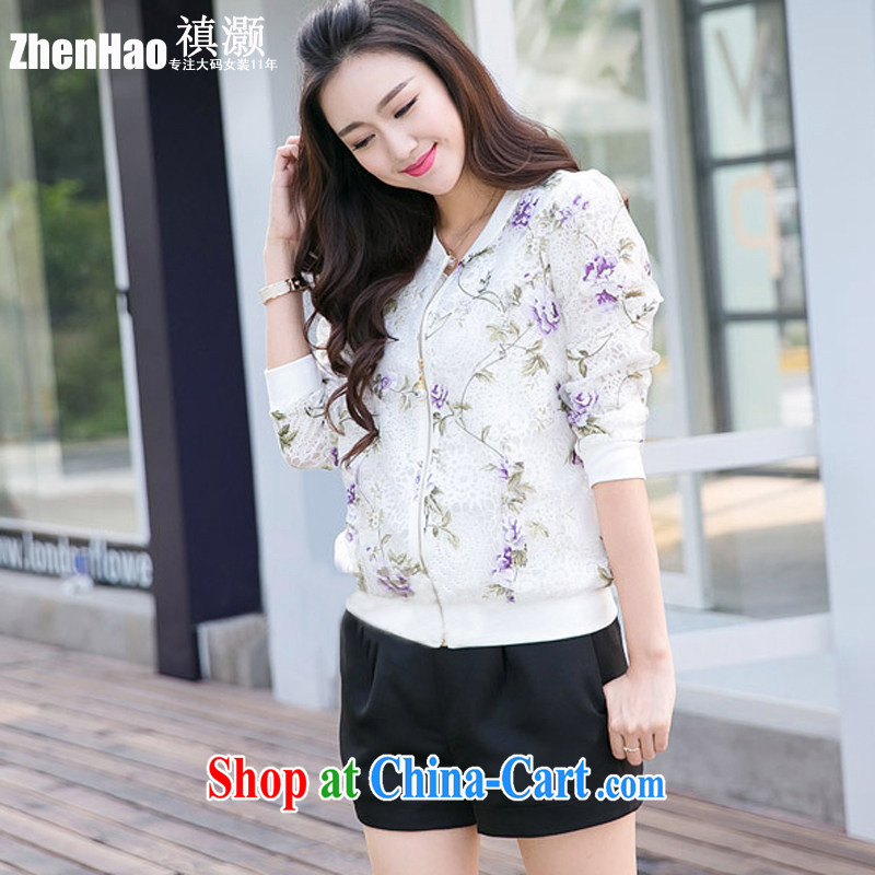 G collective counters are for 2015 spring and summer new, larger female thick mm sister Korean video thin female-colored long-sleeved European root yarn floral Openwork small jacket cardigan purple floral 4 XL