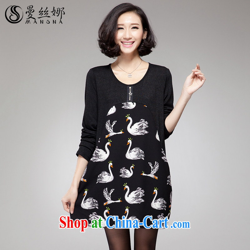 Manchester silk, XL girls thick mm spring 2015 Korean video thin Swan pattern even long-sleeved clothing and skirt black 4XL