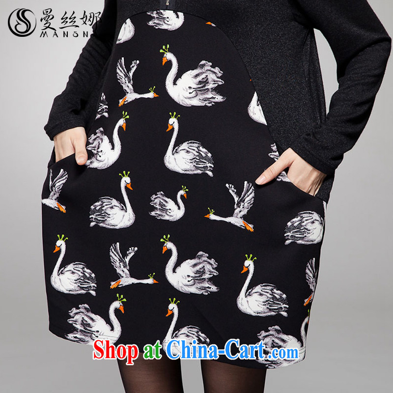 Manchester silk, XL women mm thick spring 2015 Korean video thin Swan pattern even long-sleeved clothing and skirt black 4XL, population, and, on-line shopping