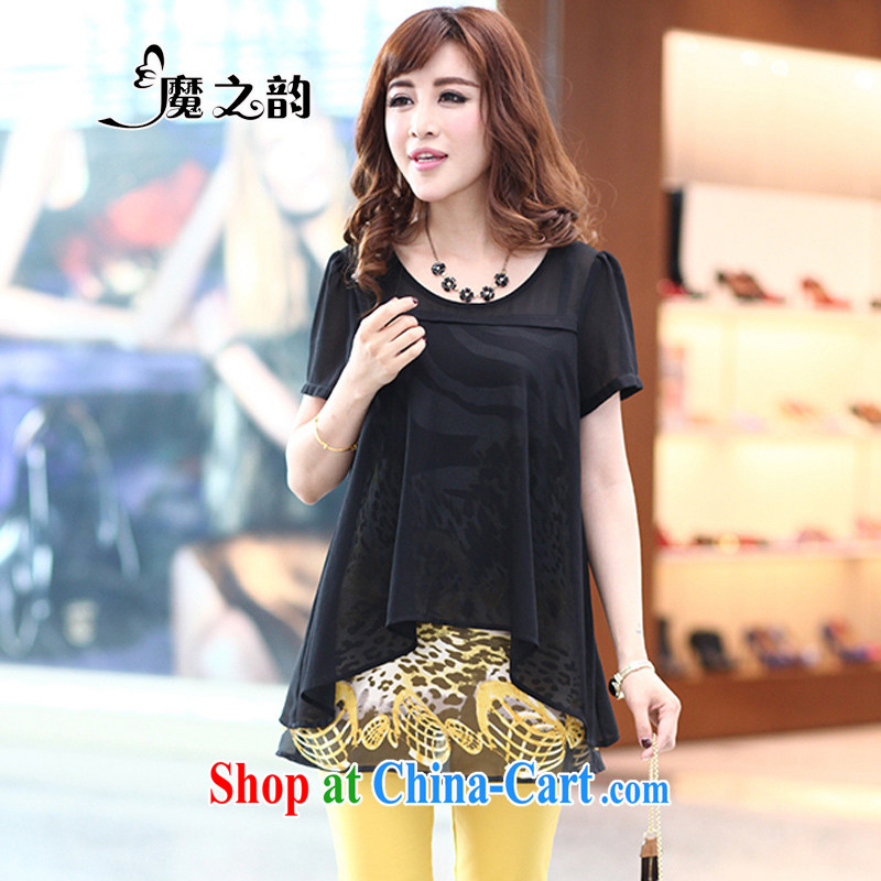 Magic of the thick MM 2015 summer Korean version of the new stylish cultivating short-sleeved leave of two parts is increased, female snow T woven shirts T-shirt female 81,306 black XXXXXL