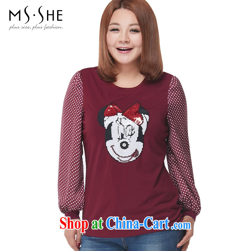 The MSShe indeed XL women 2015 spring loaded thick MM lovely long-sleeved round-collar T pension 2511 wine red 2 XL