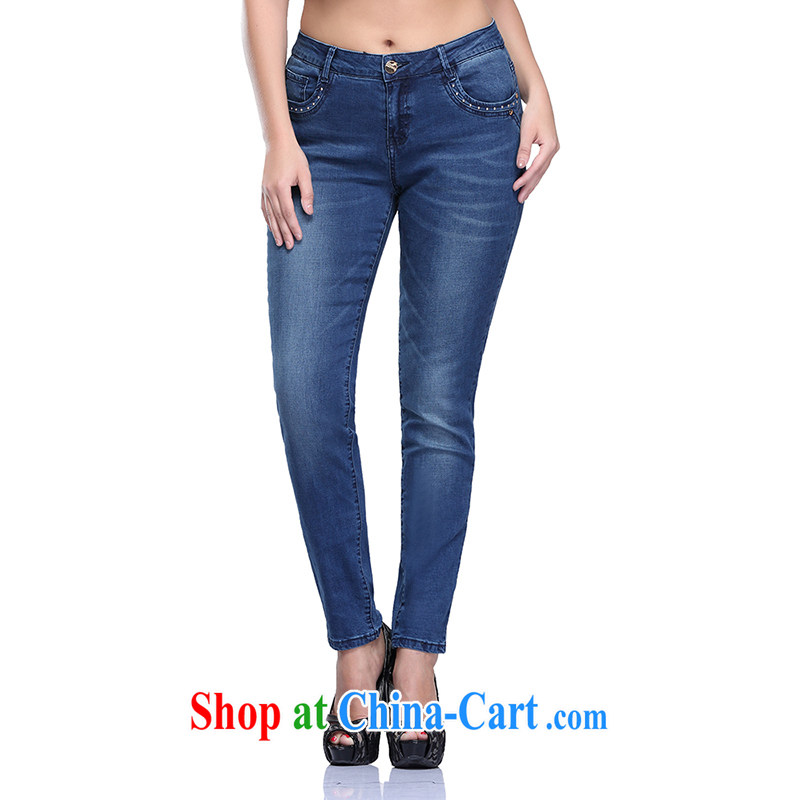 Slim Li-su 2015 spring and summer new, larger female money-terrazzo floor White Cat to be hot, the waist graphics thin jeans Q 7677 cowboy blue XL