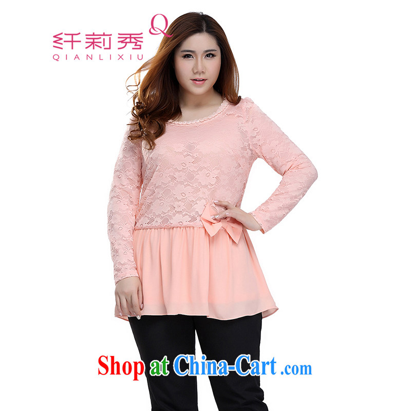 Slim LI Sau 2015 spring and summer new, larger female stylish bow-tie stitching round-collar long-sleeved lace shirt Q 7955 pink 4 XL