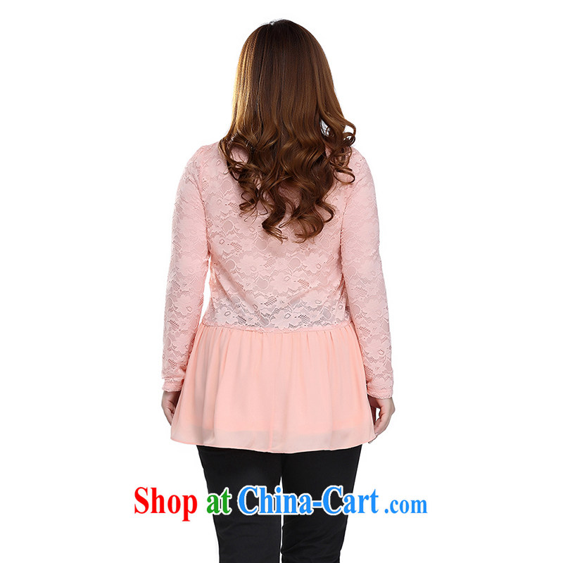 Slim Li-su 2015 spring and summer new, larger female stylish bow-tie stitching round-neck collar long-sleeved lace shirt Q 7955 pink 4 XL, slim Li-su, and, on-line shopping