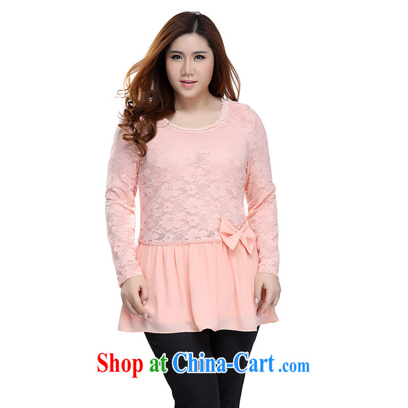 Slim Li-su 2015 spring and summer new, larger female stylish bow-tie stitching round-neck collar long-sleeved lace shirt Q 7955 pink 4 XL, slim Li-su, and, on-line shopping