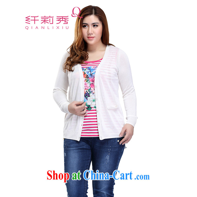 Slim LI Sau 2015 spring and summer new, larger female V for snow-woven stitching solid color knitting cardigan, jacket Q 7982 white 2XL