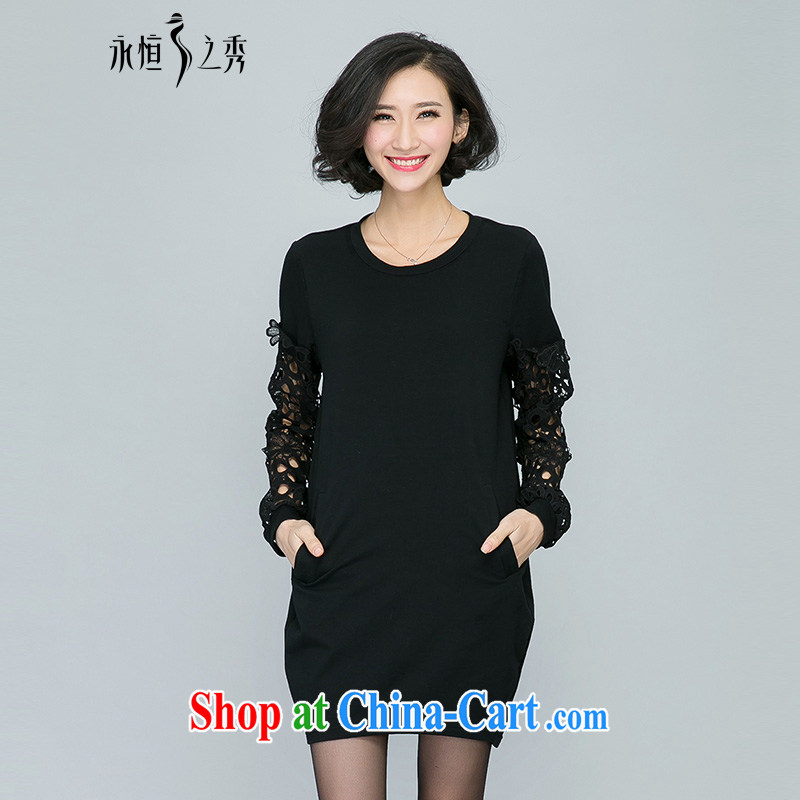 Eternal show the fat XL women's clothing dresses fat people video thin 2015 spring new thick sister Korean fashion lace sleeves, long T-shirt skirt black 4XL