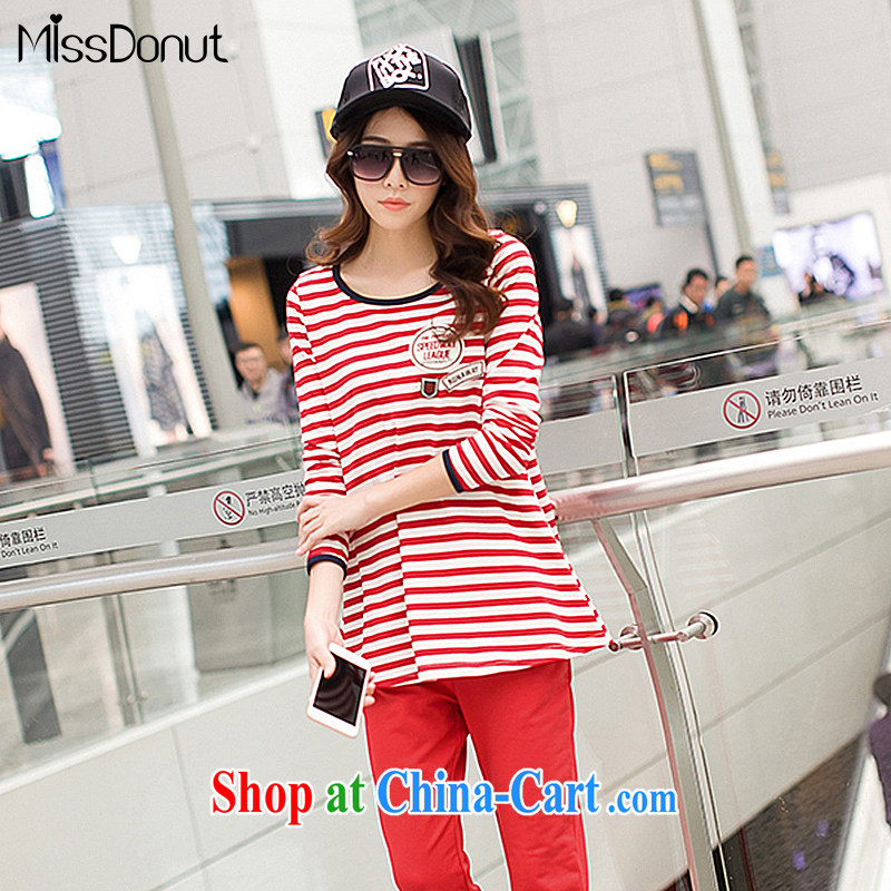 MissDonut 2015 spring new XL women mm thick Korean liberal stripe T-shirt + pants two-piece with red code 3 XL
