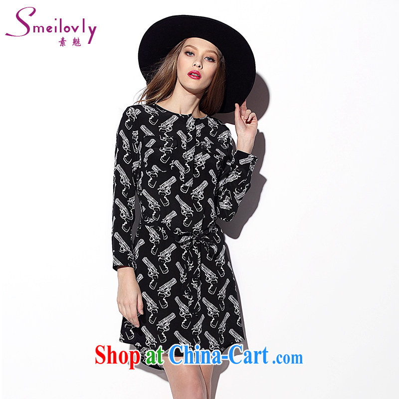 Director of 2015 spring new and indeed XL girls personalized stamp in Europe and high-end graphics thin long-sleeved dress 2009 black large code 5 XL 200 Jack left and right