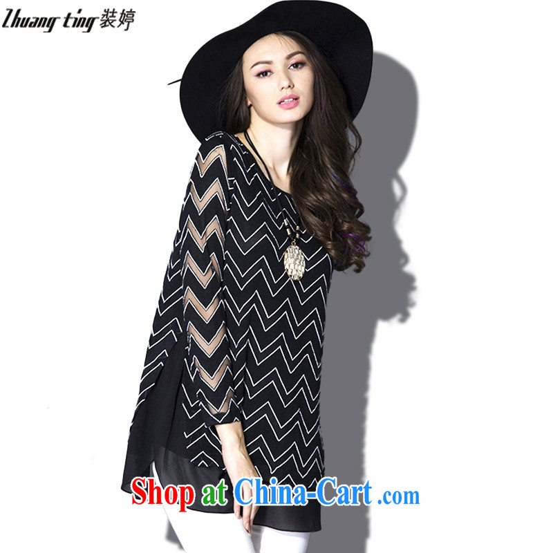 The Ting zhuangting fat people graphics thin 2015 spring new high-end European and American thick mm larger female long-sleeved snow woven shirts 6002 black 5 XL