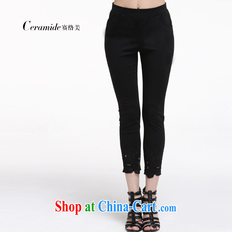 Race Contact Us larger ladies summer 2015 New Beauty pants embroidered stretch tight solid pants Womens summer 651105033 black M - 38