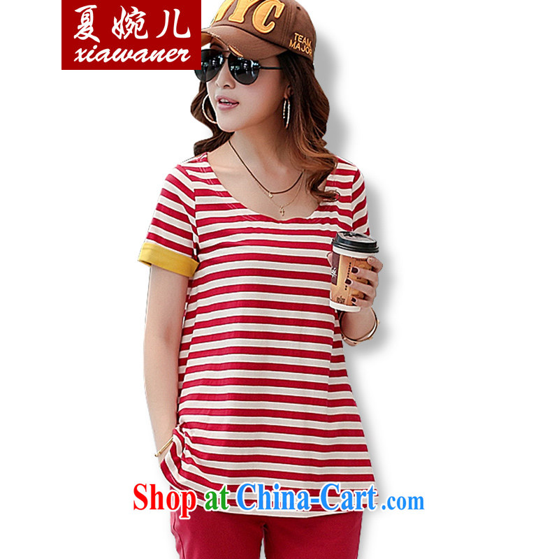 Mr Yuen-yee 2015 spring and summer new, larger female liberal stripes cotton T shirts sport and leisure package two-piece red stripe Kit 4 XL