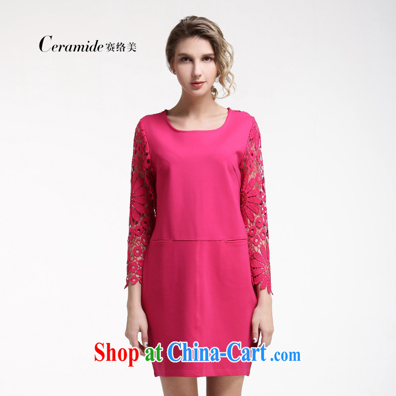 Race Contact Us larger ladies' 2015 spring new leisure and indeed more relaxed lace Openwork long-sleeved dress of 651101003 red M - 38