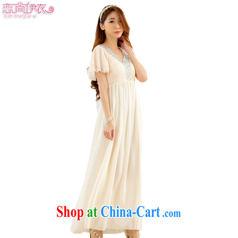 Land is still the Yi 2015 summer new Korean high-end name-yuan style horn cuff, V collar XL long bridesmaid evening dress snow woven dresses champagne color XXXL