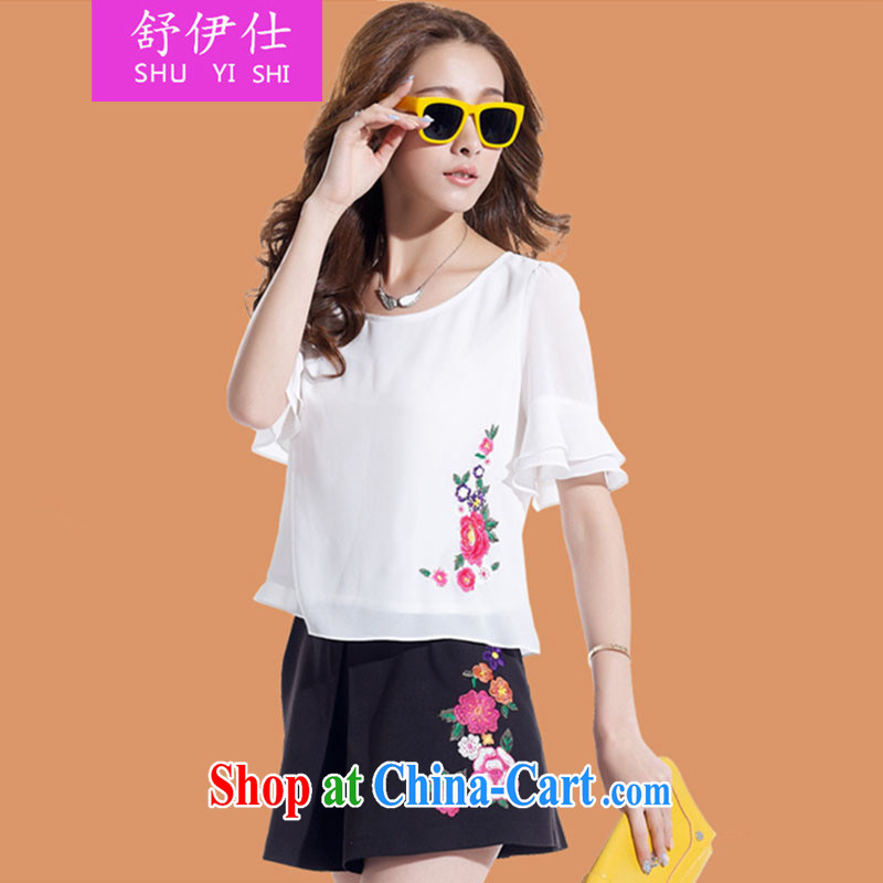 Shu yi shi 2015 summer new stylish female high embroidery ethnic wind two-piece short-sleeved snow woven dresses personalized short skirts beauty unique lady package white black XL