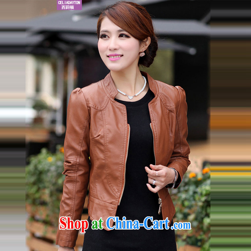 Ms. Cecilia Clinton's large, female 2015 new thick mm spring beauty and stylish graphics thin style Korean short leather jacket motorcycle and indeed intensify PU leather jacket coat brown XXXXL, Cecilia Medina Quiroga (celia Dayton), online shopping