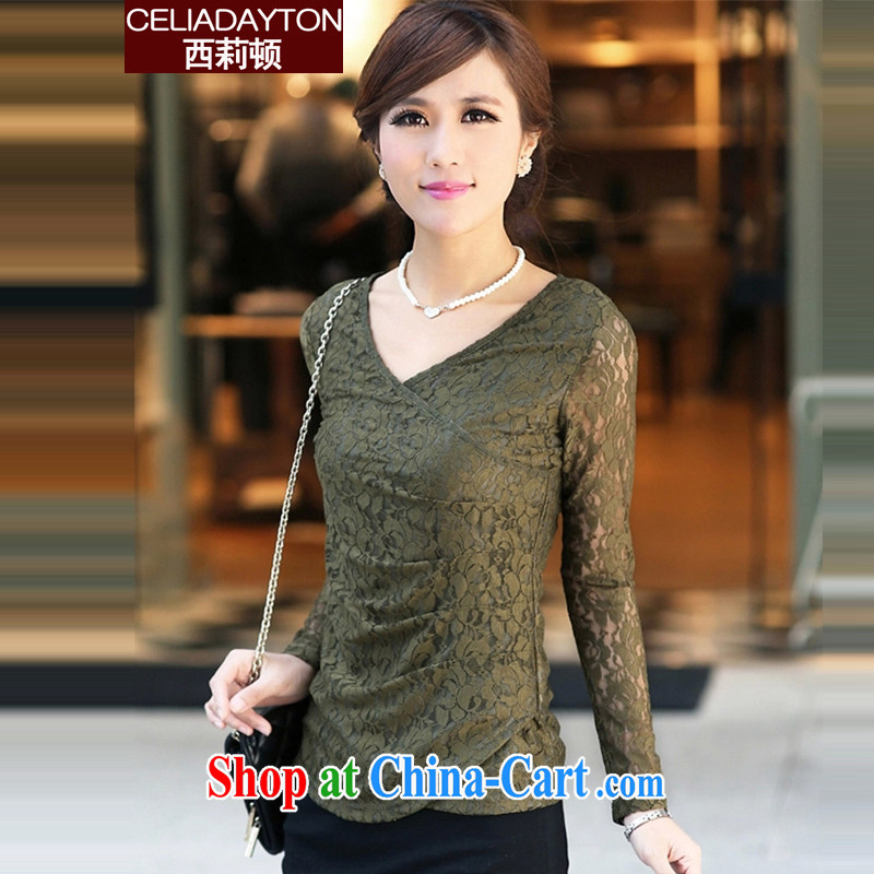 Ms. Cecilia Clinton's large, female 2015 mm thick new spring beauty and stylish graphics thin lace T-shirt the fat increase Korean long-sleeved style solid T-shirt women T-shirt green short-sleeved 5 XL, Cecilia Medina Quiroga (celia Dayton), online shopping