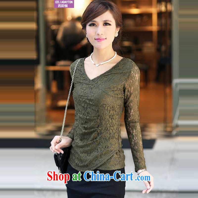 Ms. Cecilia Clinton's large, female 2015 mm thick new spring beauty and stylish graphics thin lace T-shirt the fat increase Korean long-sleeved style solid T-shirt women T-shirt green short-sleeved 5 XL, Cecilia Medina Quiroga (celia Dayton), online shopping
