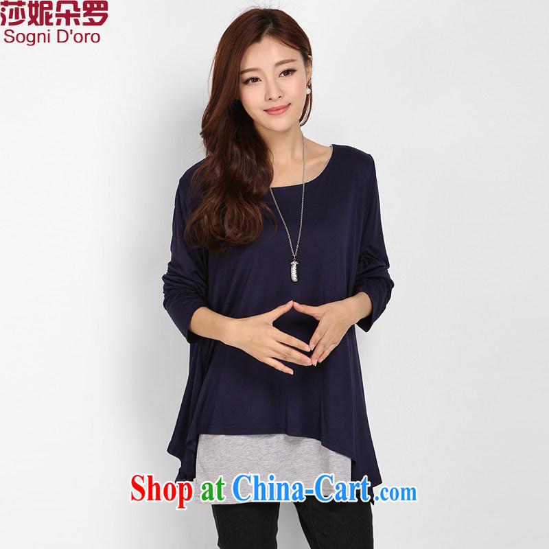 Elizabeth Anne flowers, thick MM large code female Korean version 2015 spring new leave of two-round-collar loose woman T-shirt T pension 8062 sapphire blue 6 XL _spring and summer graphics thin new products