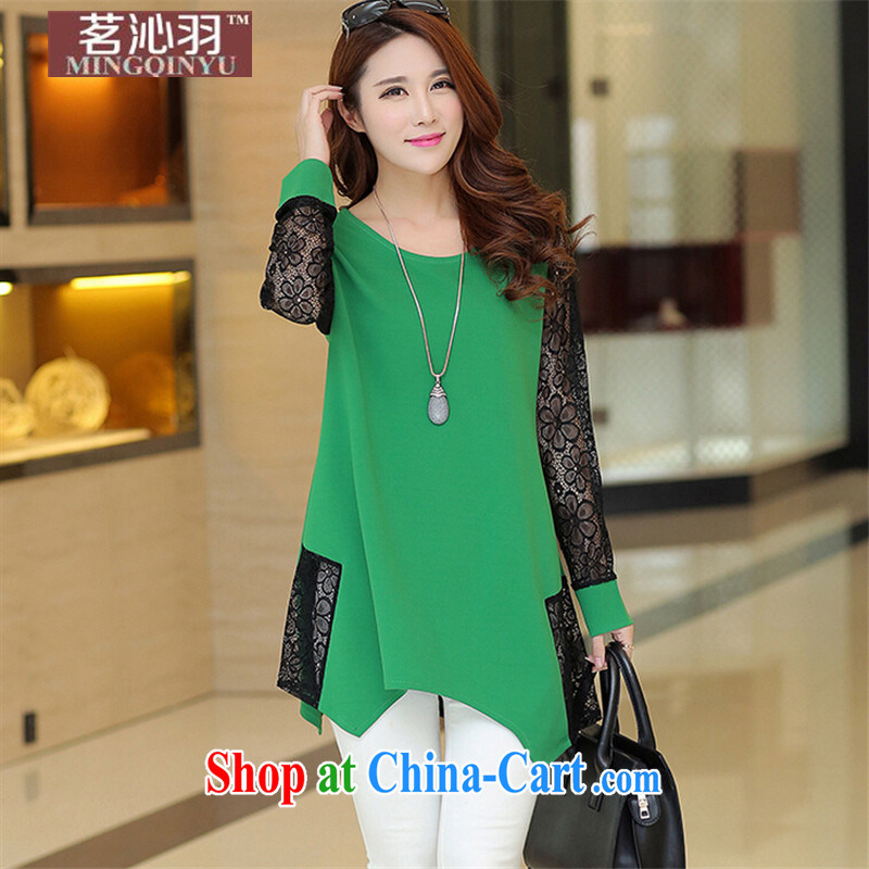 tea wafted Yu 2015 spring new female Korean version of the greater number, long, solid T-shirt T-shirt lace stitching solid skirt green XXXXXL