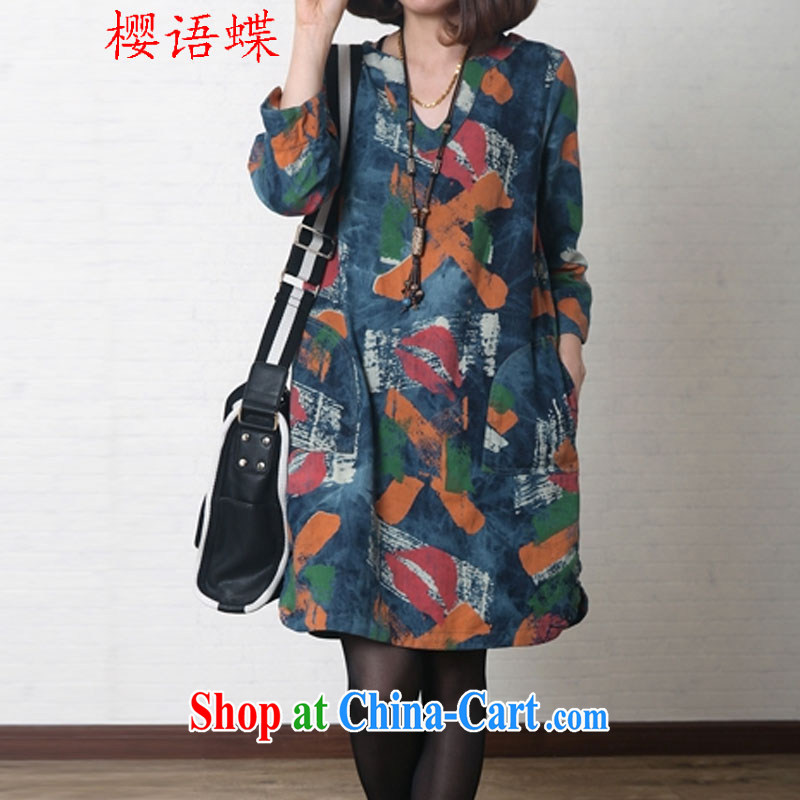 Cherry blossoms, butterfly 2015 spring new literature and art, thick MM cotton the Commission relaxed the code dress stamp cowboy dress dresses picture color XXL