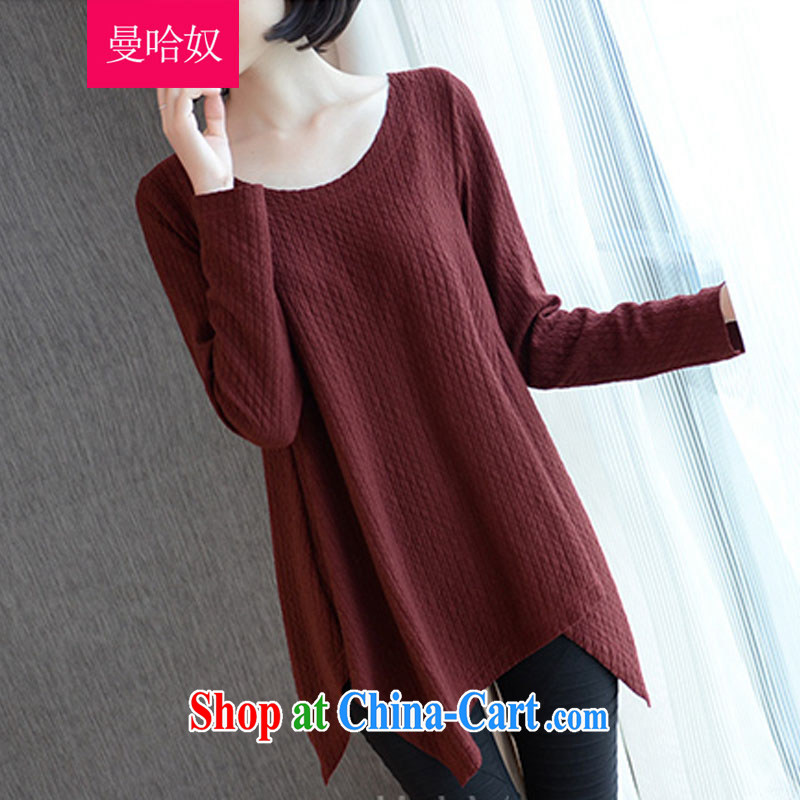 Cayman, slavery 2015 spring new women with thick mm stylish casual relaxed T long-sleeved shirt, long, solid T-shirt large, female, T-shirt maroon XXL
