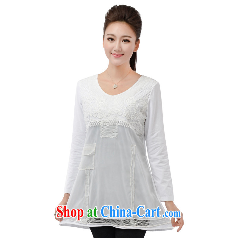 The Sun takes the fat increase, female dress spring 2015 new thick MM Korean version 200 jack, long lace stitching solid shirt 6181 white 4XL _chest of 112 cm_