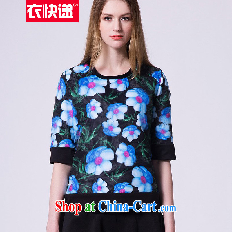 Yi express 2015 spring stamp comfortable 100 ground round-collar short-sleeve has been barrel T shirt T-shirt woman E 2266 color mixing 5 XL