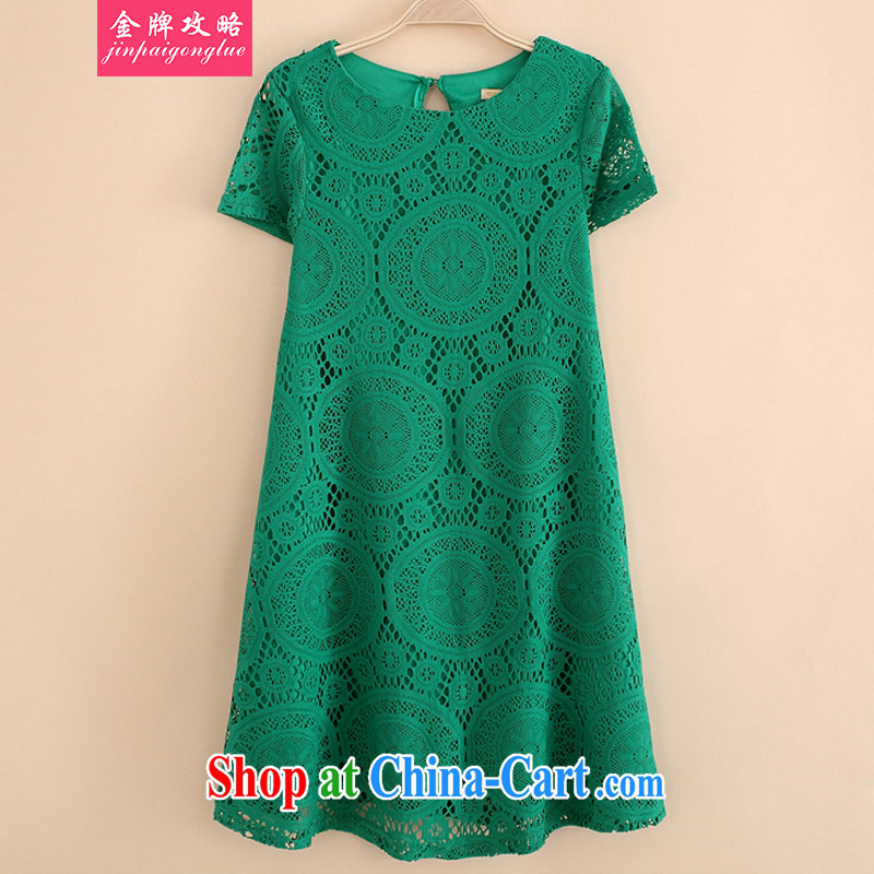 Gold raiders larger women in Europe and America 2015 new dresses loose short-sleeve Openwork lace A Field skirt solid green XXXXL